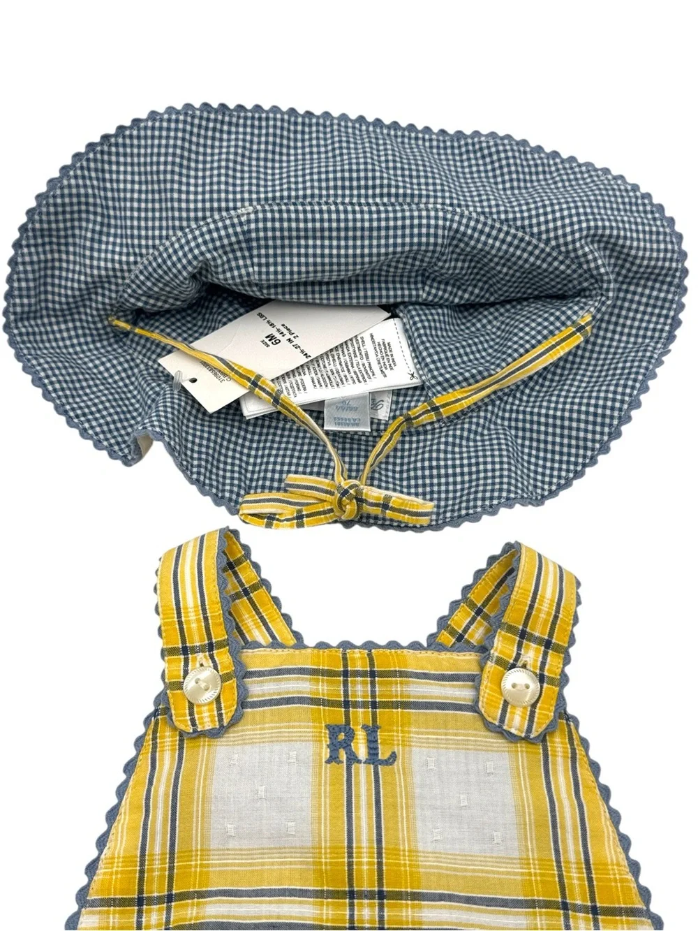 NWT Ralph Lauren Baby 2-Piece Plaid Cotton Dobby Romper & Sun Hat Set Size 6M